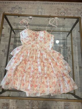 Altar'd State Pink Floral Tiered Ruffle Mini Dress